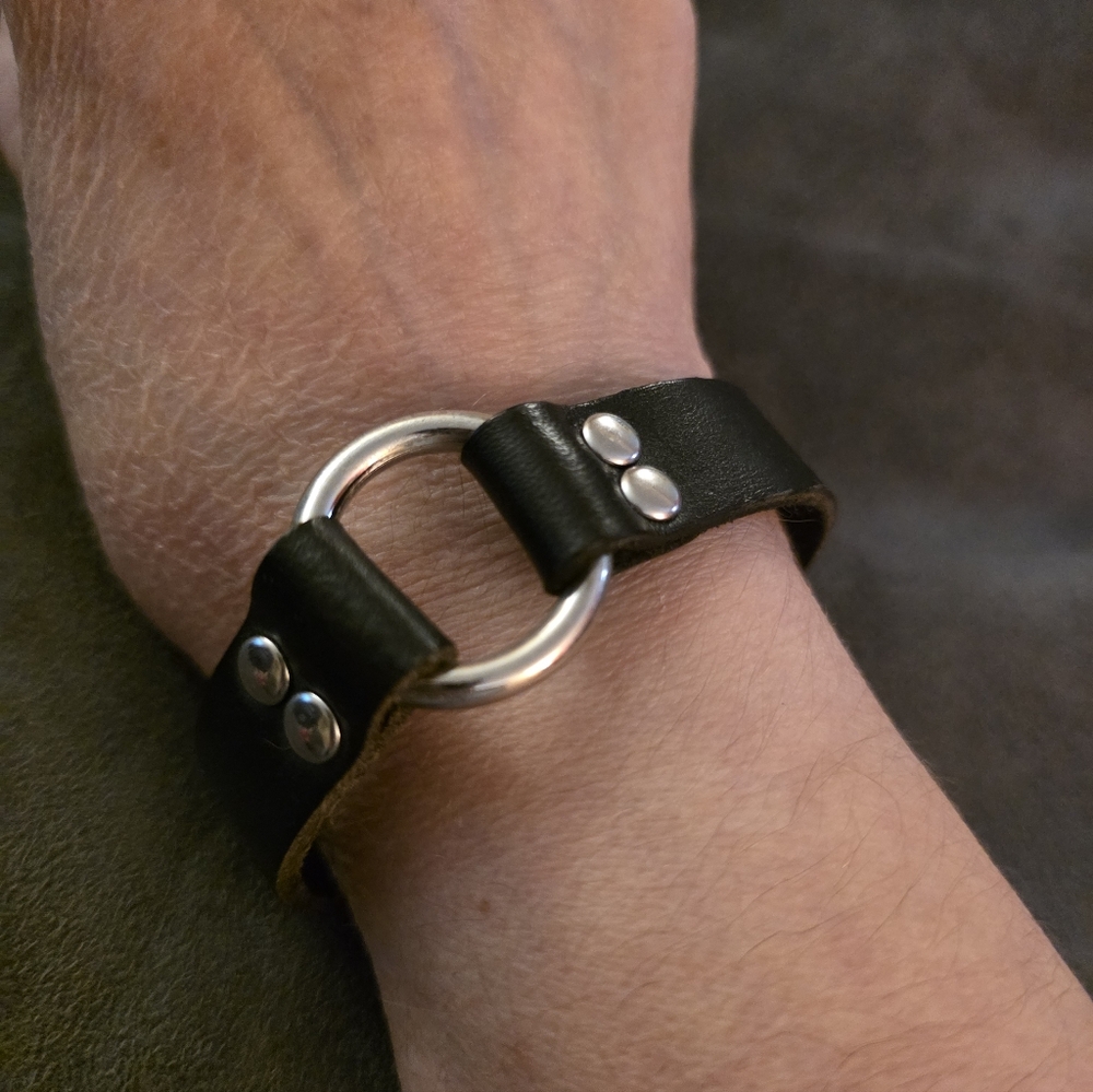 Black Faux Leather Bracelet with Silver Ring